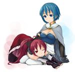  blue_eyes blue_hair bow cape dokuwo gloves long_hair magical_girl mahou_shoujo_madoka_magica miki_sayaka multiple_girls ponytail red_eyes red_hair sakura_kyouko short_hair thighhighs 