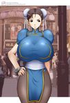  arm_behind_back bracelet bracelets breasts brown_eyes brown_hair capcom china_dress chinadress chinese_clothes chun-li double_bun double_buns dress earrings female hair_buns hand_behind_back hand_on_hip hips huge_breasts jewelry mokusa outdoors pantyhose solo spiked_bracelet spiked_bracelets spikes standing stockings street_fighter thighhighs wide_hips 