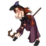  bare_shoulders breasts brown_eyes brown_hair cleavage dragon's_crown dress full_body hat hat_over_one_eye large_breasts long_hair lowres pixel_art solo sorceress_(dragon's_crown) staff strapless strapless_dress transparent_background witch_hat 