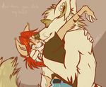  2011 canine couple ear_piercing eyes_closed feline female green_eyes hug kissing love male piercing red_hair romantic silverdeni smile topless 