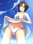  ahoge black_hair blue_eyes blush dress dress_lift idolmaster idolmaster_(classic) kikuchi_makoto one_eye_closed open_mouth panties short_hair smile solo sundress tog_(shoten) underwear water wet wet_clothes white_panties 