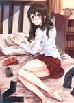  bad_id bad_pixiv_id banned_artist barefoot bed blush book cellphone feet food glasses long_hair mouth_hold original paseri phone pocky reading school_uniform solo thighhighs 