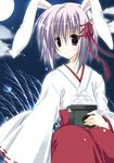  animal_ears bunny_ears copyright_request dango food full_moon hakama highres japanese_clothes korie_riko miko moon purple_eyes purple_hair red_hakama short_hair solo wagashi 