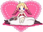  atlus blonde_hair bow bow_tie bowtie breasts catherine catherine_(game) chibi cleavage dress drill_hair female horns long_hair monuko open_mouth purple_eyes red_ribbon ribbon sheep sitting 