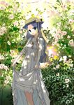  bad_id bad_pixiv_id blonde_hair blue_eyes bow bush dappled_sunlight dress dress_lift flower hat looking_at_viewer murohime_oruko nature original shade skirt smile solo straw_hat sundress sunlight tree_shade 