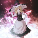  apron bad_id bad_pixiv_id blonde_hair blush bow grin hair_bow hand_on_hip hat hat_bow highres kirisame_marisa long_hair s-syogo simple_background smile solo touhou witch_hat yellow_eyes 