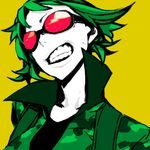  bokura_no_16bit_warz_(vocaloid) camouflage goggles green_hair gumi miwa_shirou pale_skin short_hair simple_background solo teeth upper_body vocaloid 