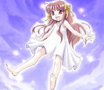 barefoot bow brown_hair dress feet flying hair_bow hair_ribbon hisakawa_chin long_hair one open_mouth orihara_misao outstretched_hand red_eyes ribbon sky solo sparkle 