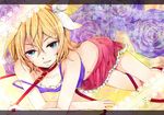  aqua_eyes blonde_hair blush collar flower hair_ornament hair_ribbon hairclip hazuki_natsu kagamine_rin leash lying midriff navel off_shoulder on_stomach purple_flower purple_rose ribbon rose short_hair skirt smile solo strap_slip vocaloid 