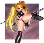  angry arched_back artist_request ass bardiche bare_shoulders black_gloves black_legwear black_leotard blonde_hair blush cameltoe fate_testarossa from_behind gloves leotard long_hair looking_at_viewer looking_back lyrical_nanoha mahou_shoujo_lyrical_nanoha open_mouth red_eyes shiny shiny_clothes shiny_skin skirt solo source_request thighhighs twintails very_long_hair 