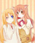  2girls animal_ears blonde_hair blue_eyes child crossover dog_days dog_ears dog_tail hakase_(nichijou) lab_coat labcoat long_hair multiple_girls necktie nichijou orange_eyes orange_hair oversized_clothes professor_shinonome ricotta_elmar smile sweater_vest tail tie wink 