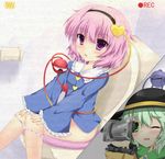  blood blush bottomless camcorder drooling eyeball female_pervert fujieda_uzuki green_eyes green_hair hairband hat heart komeiji_koishi komeiji_satori multiple_girls one_eye_closed panties panty_pull pervert pink_hair purple_eyes recording siblings sisters sitting third_eye toilet toilet_use touhou underwear 