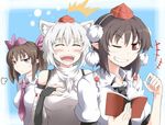  ^_^ animal_ears blush book brown_hair closed_eyes detached_sleeves hair_ribbon hat himekaidou_hatate inubashiri_momiji kuro_goma_(kakkou11) laughing multiple_girls necktie one_eye_closed open_mouth pointy_ears purple_eyes red_eyes ribbon shameimaru_aya short_hair tokin_hat touhou twintails white_hair wolf_ears 