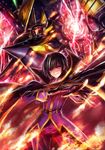  black_hair cape code_geass edobox fire gawain geass lelouch_lamperouge male_focus mecha outstretched_arm purple_eyes smirk solo 