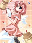  blue_eyes blush clipboard copyright_request duplicate high_heels looking_back minase_lin non-web_source nurse pill pink_hair shoes short_hair skirt smile solo syringe thighhighs white_legwear wings 