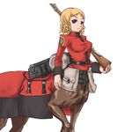  backpack bag blonde_hair centaur gun kentauride military military_uniform monster_girl mr_kunimitsu rifle shirt short_hair solo taut_clothes taut_shirt uniform weapon 