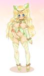  blonde_hair blue_eyes blush breasts cameltoe censored chains detached_sleeves dry6 earrings elf erection fang full_body futanari gradient gradient_background highres jewelry long_hair nipple_piercing nipples penis piercing pointless_censoring pointy_ears sketch smile solo stocking thighhighs 