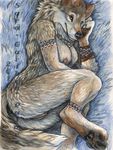  anthro bracelet breasts canine caribou_(artist) female hindpaw jewelry looking_at_viewer mammal necklace nipples nude paws pussy sara_palmer solo tribal wolf yellow_eyes 