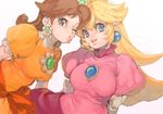  blonde_hair blue_eyes brown_hair dress flipped_hair mario_(series) multiple_girls nitako one_eye_closed pink_dress princess_daisy princess_peach super_mario_bros. white_background 