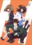  2girls :d brown_eyes brown_hair crossed_legs hairband hands_in_pockets kita_high_school_uniform kyon multiple_girls open_mouth plaid plaid_skirt sasaki_(suzumiya_haruhi) school_uniform serafuku short_hair sitting sitting_on_person skirt smile squatting suzumiya_haruhi suzumiya_haruhi_no_yuuutsu urabi_(tomatohouse) 