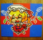  =_= birthday blonde_hair closed_eyes fang flandre_scarlet gift hat highres lego photo pixel_art short_hair solo touhou wings you_rei_(blowback) 