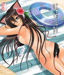  animal_ears ass bikini black_hair breast_press breasts butt_crack cat_ears copyright_request grey_eyes innertube kizaki_yuuri large_breasts long_hair lying one-piece_tan one_eye_closed shiny shiny_skin side-tie_bikini solo swimsuit tan tanline translated untied untied_bikini 