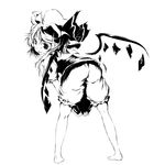  ass bacho barefoot bent_over bloomers crystal dress dress_tug fang flandre_scarlet from_behind greyscale hat hat_ribbon highres looking_back monochrome ribbon smile solo touhou underwear wings 