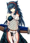  blue_hair fishnets hairband kizuki_aruchu long_hair midriff monster_hunter nargacuga_(armor) navel red_eyes solo 