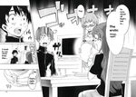  1boy 2girls amano_rea amano_yukiteru blush closed_eyes comic cup esuno_sakae gasai_yuno glasses greyscale hard_translated highres long_hair mirai_nikki monochrome mug multiple_girls plate sweat television translated wide-eyed 