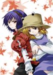  blonde_hair eyes grey_eyes hat leaf moriya_suwako multiple_girls purple_hair red_eyes short_hair touhou unya yasaka_kanako 