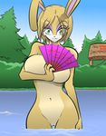  blush breasts bunnie_rabbot fan female forest green_eyes invalid_tag lake looking_at_viewer nude sign smile sonic_(series) tree water 