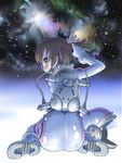  ass backpack bag bodysuit boots brown_eyes brown_hair from_behind gloves hair_ornament helmet highres kiichi looking_back morita_yukari nebula original rocket_girls short_hair sitting skin_tight solo space spacesuit white_bodysuit 