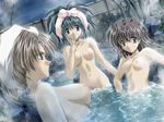  3girls bath bathing blue_eyes brown_eyes brown_hair curvaceous erect_nipples frown happy jacquzzi long_hair navel nude open_mouth oppai outdoors pale relaxing sauna sitting smile smug standing teeth towel water wide_hips yellow_eyes 