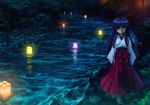  blue_hair blush empty_eyes furude_rika hakama highres higurashi_no_naku_koro_ni japanese_clothes lantern long_hair miko mutsuki_(moonknives) nature night paper_lantern purple_eyes red_hakama river sad sandals solo walking 