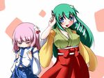  blue_eyes breast_envy breasts brush cleavage cosplay costume_switch covered_nipples detached_sleeves flat_chest flower frog green_hair hair_flower hair_ornament hieda_no_akyuu hieda_no_akyuu_(cosplay) japanese_clothes kazeshima_tokadame kochiya_sanae kochiya_sanae_(cosplay) large_breasts long_hair multiple_girls purple_eyes purple_hair short_hair snake touhou 