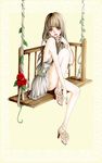  aguko brown_hair dress flower green_eyes high_heels highres lips long_hair original rose shoes solo swing 