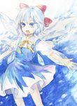  bangs blue_dress blue_eyes blue_hair bow cirno dress eyebrows hair_bow hair_ribbon ice ice_wings neck_ribbon open_mouth outstretched_arms puffy_short_sleeves puffy_sleeves red_bow ribbon shirt short_hair short_sleeves solo spread_arms teeth tomobe_kinuko touhou white_shirt wings yellow_ribbon 