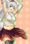  animal_ears armpits arms_up bare_shoulders breasts brown_eyes detached_sleeves fang fukunaga_kazuhiro groin hat highres inubashiri_momiji large_breasts midriff navel open_mouth red_eyes short_hair silver_hair skirt smile solo sword tail thighhighs tokin_hat touhou weapon wolf_ears wolf_tail zettai_ryouiki 