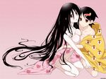  asymmetrical_docking bird black_hair blanket breast_press breasts brown_eyes cleavage emperor_penguin fuura_kafuka hair_ornament hairclip hug kneeling komori_kiri long_hair medium_breasts multiple_girls naked_sheet official_art pale_skin penguin red_eyes sayonara_zetsubou_sensei short_hair smile star very_long_hair yamamura_hiroki yuri 