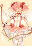  ^_^ absurdres angel_wings arrow bad_id bad_pixiv_id blush bow bow_(weapon) closed_eyes hair_bow happy highres kaname_madoka magical_girl mahou_shoujo_madoka_magica pink_hair shishina short_hair short_twintails solo thighhighs twintails weapon white_legwear wings 