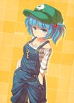  alternate_costume bangs blue_eyes blue_hair blueberry_(5959) blunt_bangs breasts casual cleavage closed_mouth collarbone contemporary expressionless hair_bobbles hair_ornament hands_in_pockets hat highres jewelry kawashiro_nitori key medium_breasts overalls pendant solo suspenders touhou two_side_up 