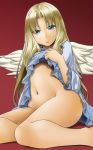  1girl :o alto-00 bangs barefoot blonde_hair blue_dress blue_eyes bottomless dress dress_lift eyebrows_visible_through_hair eyes_visible_through_hair feathered_wings firo_(tate_no_yuusha_no_nariagari) frilled_sleeves frills highres lifted_by_self long_hair looking_at_viewer navel open_mouth parted_bangs red_background short_dress sitting solo tate_no_yuusha_no_nariagari very_long_hair white_wings wings 
