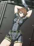  arms_up bodysuit breasts brown_hair green_eyes highres medium_breasts metal_gear_(series) metal_gear_solid_peace_walker nandz pouch short_hair sneaking_suit solo stun_gun 