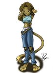  belt clothing feline female green_eyes mammal midriff pants pilot_(artist) plain_background solo torn_clothing white_background 