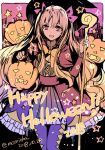  :d blonde_hair bow bowtie cane dated dot_nose dress english ereshkigal_(fate/grand_order) eyebrows_visible_through_hair fate/grand_order fate_(series) hair_bow halloween halloween_costume happy_halloween highres holding jack-o'-lantern legs_together looking_at_viewer open_mouth pantyhose pink_bow pumpkin purple_legwear red_dress red_eyes rioka_(southern_blue_sky) sash smile solo standing star twitter_username two_side_up yellow_neckwear 