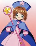  90s absurdres artist_request blue_gloves blue_hat brown_hair cardcaptor_sakura child gloves green_eyes hat highres hoshi_no_tsue kinomoto_sakura long_sleeves magical_girl official_art open_mouth short_hair simple_background solo wand 