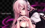 bad_id bad_pixiv_id breasts cleavage face fukai_ryousuke hands headphones highres large_breasts long_hair lying nitroplus on_stomach pink_eyes pink_hair solo super_sonico wallpaper 