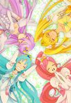  ^_^ arms_behind_head blonde_hair blue_choker blue_hair bow choker circle_formation closed_eyes cure_blossom cure_marine cure_moonlight cure_sunshine flower hanasaki_tsubomi heart heartcatch_precure! kurumi_erika long_hair lying magical_girl multiple_girls myoudouin_itsuki open_mouth pink_hair ponytail precure purple_choker purple_hair sinnyan smile super_silhouette_(heartcatch_precure!) tsukikage_yuri twintails yellow_bow yellow_choker 