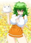  alternate_costume breasts bursting_breasts green_hair huge_breasts kazami_yuuka microskirt red_eyes sawa_(snack_yoshie) shirt short_hair skirt smile solo touhou underbust waitress white_shirt 