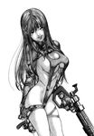  black_hair breasts cleavage comic gantz gantz_suit greyscale gun highres large_breasts lips long_hair monochrome non-web_source oku_hiroya shimohira_reika sideboob smile solo weapon x-gun x-rifle 